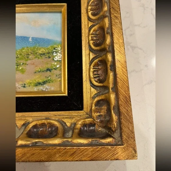 Vintage handpainted mom and daughter beach scene on tile. Gorgeous golden frame